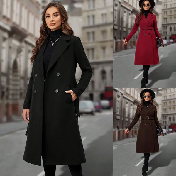Elegant Double-Breasted Trench Coat - Women's Long Wool Blend Coat With Belt, Slim Fit Overcoat For Autumn/Winter