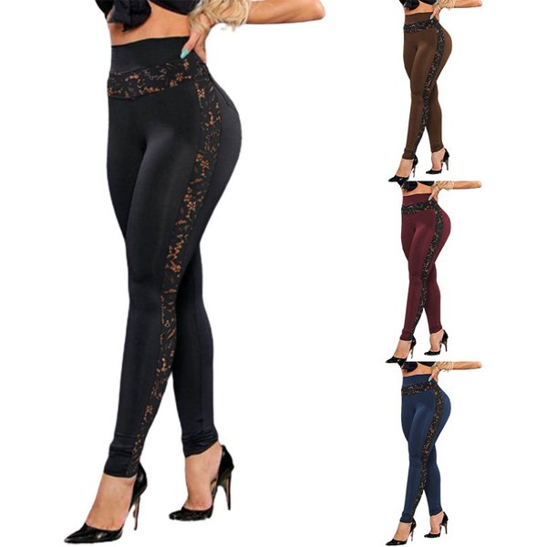 Women's Solid Color Lace Patchwork Hip Lift Sweatpants Yoga Pants Leggings-image
