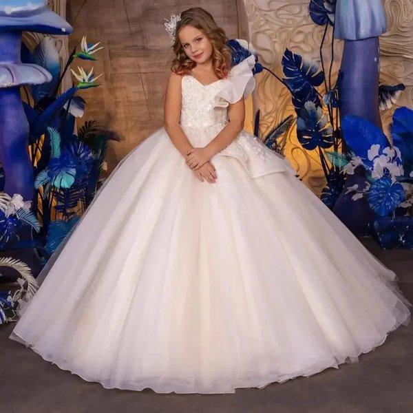 Children's Lace Wedding Dress Luxury Train Bridesmaid Gown Tulle Skirt for Girls Birthday Emcees Piano Performance Poly Blend