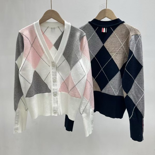Autumn New College Style TB Quilted Color Block Knitted Sweater Cardigan V-Neck Long Sleeve Slimming Top-image