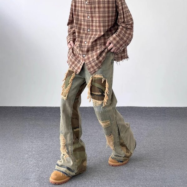 Men's Clothing High Street Jeans Cleanfit Retro Washed Distressed Camouflage Stitching Design Flared Trousers-image