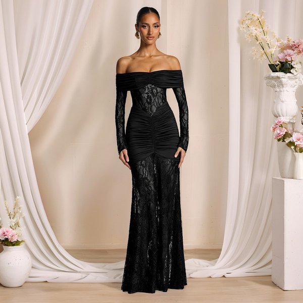 Women's Clothing Elegant Lace Trim Off-Shoulder Long Sleeve Bodycon Evening Dress For Women, High Waist Sexy Formal Gown In Black, Coffee, Wine Red-image