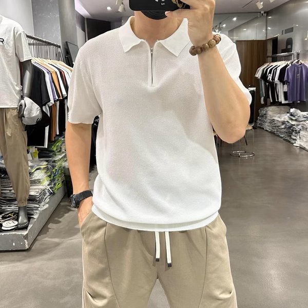 Men's Clothing Summer Lapel Polo Shirt Zipper Casual Half Sleeve Sports Fitness Solid Color Breathable Fashion Versatile Short Sleeved Top-image