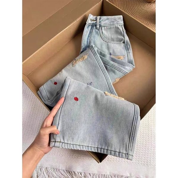 Whimsical Puppy Embroidered High-Waisted Jeans – Korean Streetwear Straight-Leg Denim Pants (S-5XL, Distressed Hem, Light Wash)-image