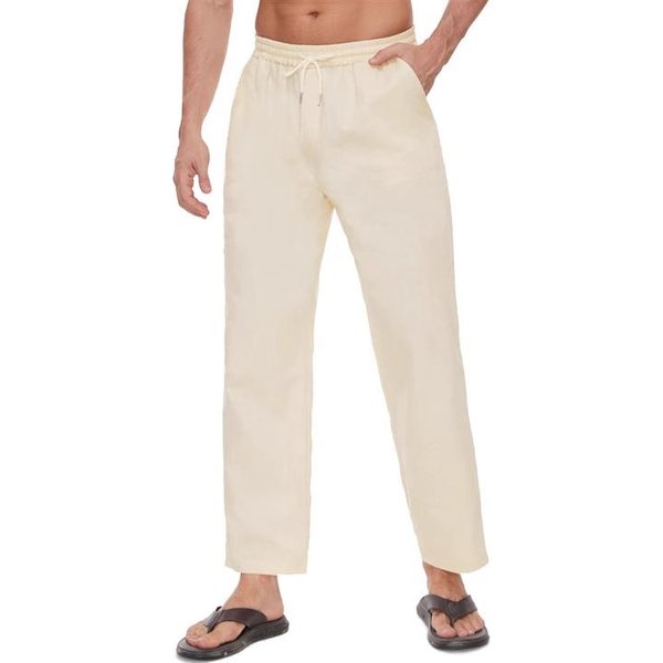 Men's Clothing Summer Hip Hop Breathable Linen Loose Casual Sports Solid Color Elastic Drawstring Straight Trousers-image