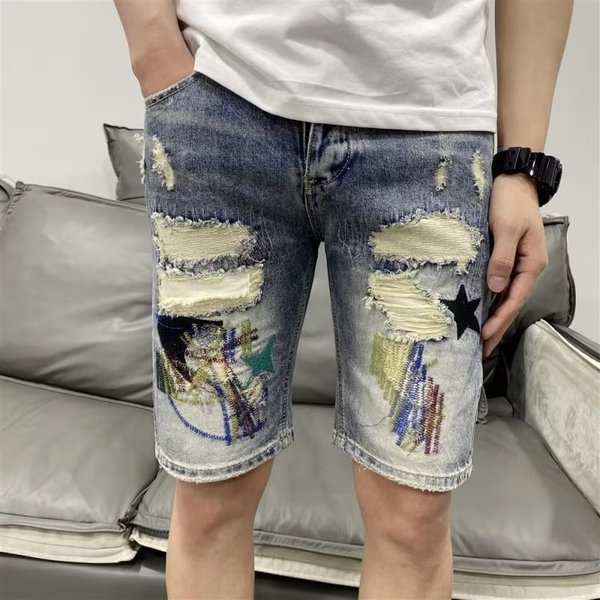 Men's Japanese Washed Denim Shorts – Distressed & Button-Detailed Casual Streetwear (28-36 Waist) – Loose Straight Cut For Summer-image