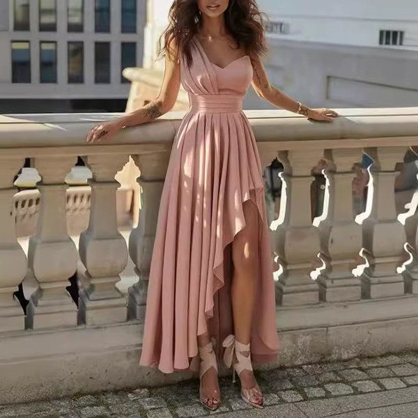 Asymmetrical High-Waisted Maxi Dress – One-Shoulder Elegant Evening Gown In Red & Pink (S-3XL, Polyester Flowy Fabric)-image