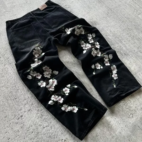 Y2K Baggy Jeans Harajuku Vintage KirschblüTe Stickerei Hochwertige Jeans Streetwear Hip Hop Gothic MäNner Frauen Jeans Mit Weitem Bein-image