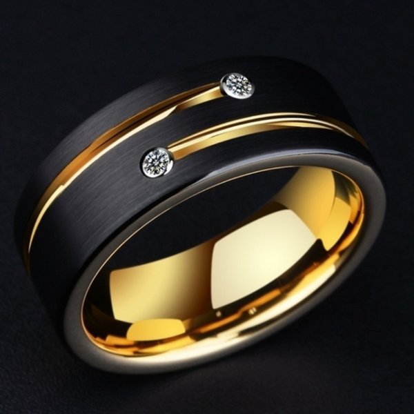 Europe and America Fashions Mens Black Stainless Steel Gold Color Lines Ring Crystal Band for Men's Party Jewelry Gift