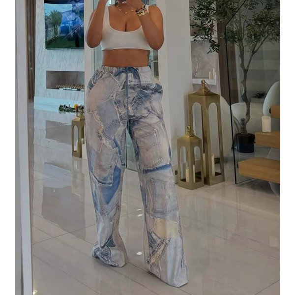 Women's Clothing Summer New Printed Denim Elastic Waist Drawstring Casual Loose Straight Pants-image
