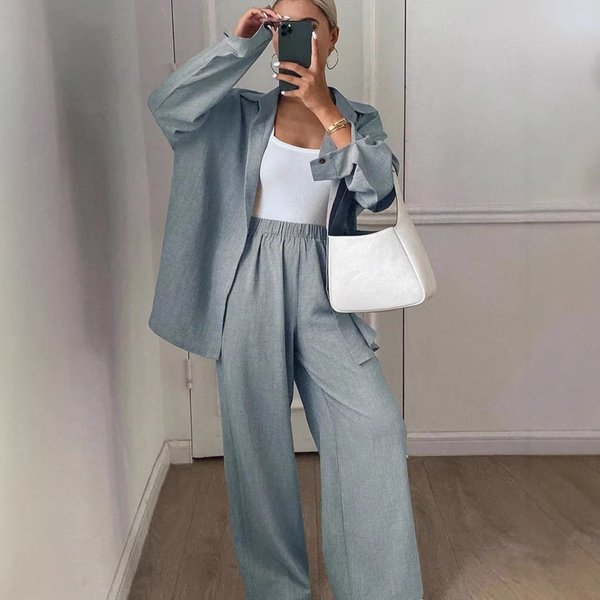 Women's Casual Two Piece Set Spring Autumn Loose Fit Cotton Linen Long Sleeved Shirt Trousers Comfortable Style