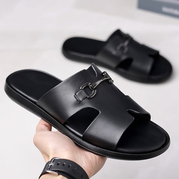 SHLIANG Fashion New Men Leather Waterproof One Word Slippers Soft Sole Non Slip Lightweight Summer Outdoor Slippers Sandals V0045