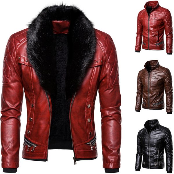 "Men's PU Leather Jacket With Faux Fur Collar – Slim Fit Zip-Up Biker Style Coat For Casual & Streetwear"