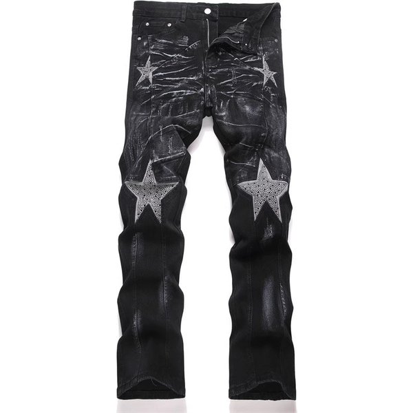 "Men's Rhinestone-Embellished Jeans – High Street Style, Five-Pointed Star & Graffiti Design (Black, Sizes 28-36)"-image