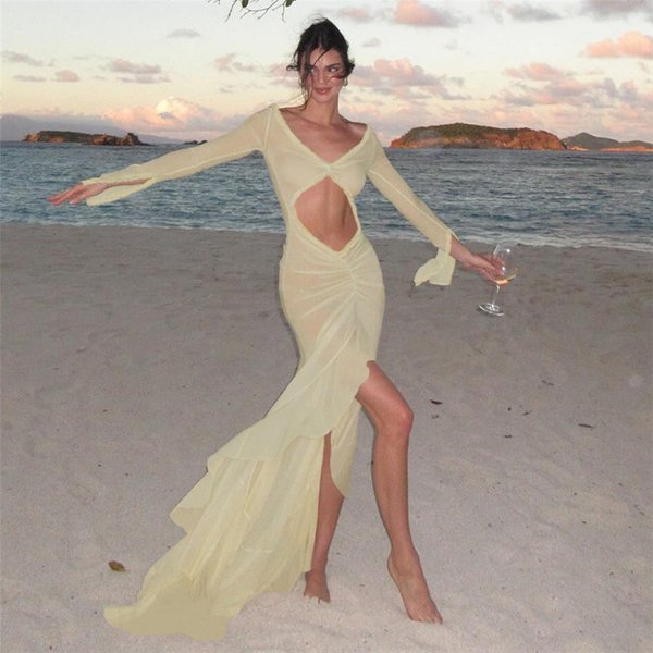 Women’S Clothing Summer Women's New V Neck Perspective Sexy L Hollow Pleated Lace Slim Dress-image