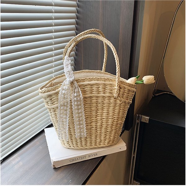 Straw Bag Woven Bag Straw Bag Women Carry Vegetable Basket Woven Bag Large Capacity Seaside Holiday Beach Bag-image