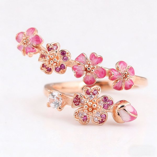 Exquisite And Elegant Rose Gold Peach Blossom Inlaid With Beads, High-End Light Luxury Open-Style Women's Fashion Ring-image
