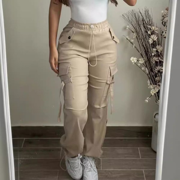 Women's Clothing Fashion Multi Pocket Monochrome Elastic Waist Tie Casual Elastic Waist Overalls-image