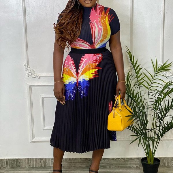Women's Clothing New Fashion Printed Top Pleated High Waist Skirt Suit Two Piece Set-image