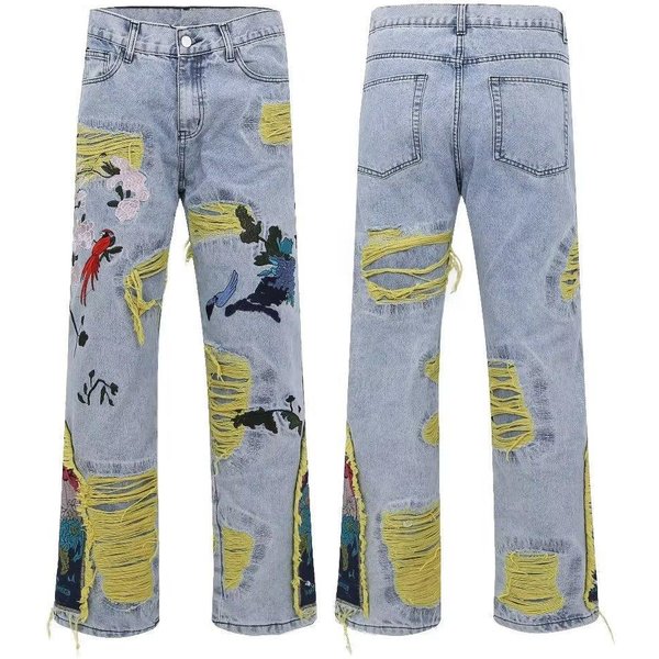 Men's Clothing Heavy Embroidery Ripped Jeans Men And Women New Brushed Trousers-image