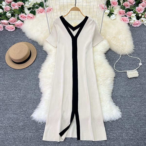 Women's Spring And Summer New Style Niche High-End Contrast Color Splicing Short-Sleeved Loose Straight Casual Long Skirt-image