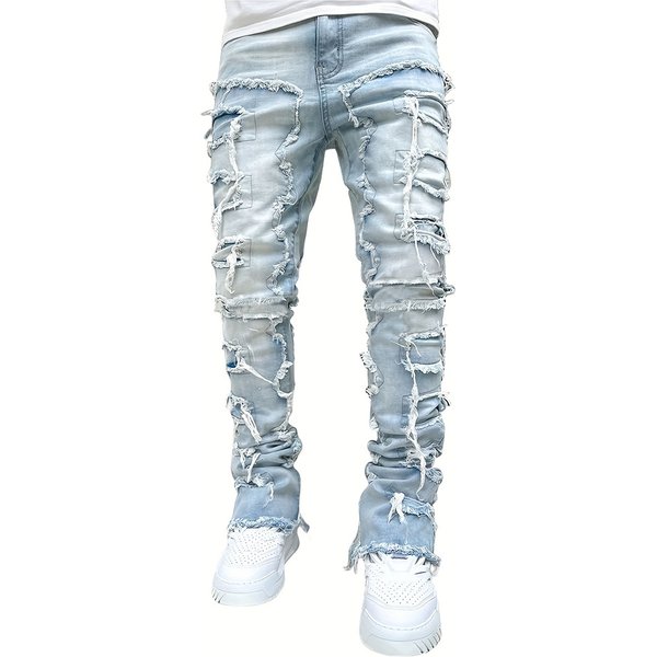 New High Street Patch Hole Jeans Men's Loose American Retro Straight Long Trousers Trend-image