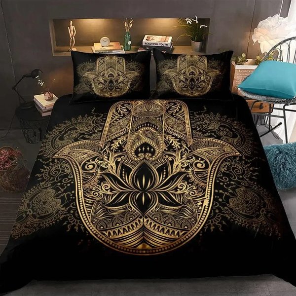 Black And Gold Bohemian Duvet Cover Three Piece Set-image