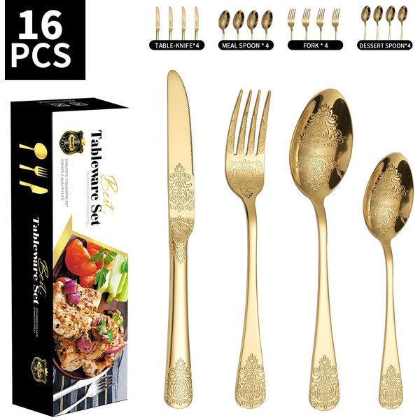 Thickened Patterned Stainless Steel Knife Fork And Spoon Tableware 430 Double Headed Patterned Knife Fork And Spoon 24 Piece Set-image