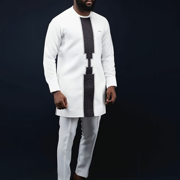 Men's African Ethnic Style Fashionable Casual Suit Set White Embroidered Muslim Clothing-image