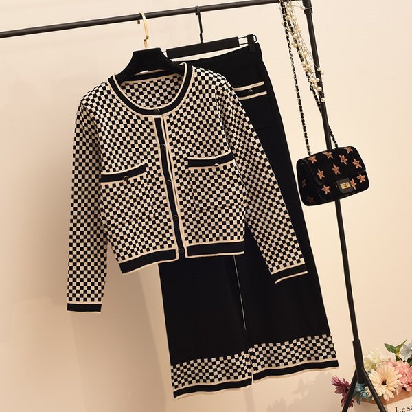 Women's Clothing Buttons High Age Knitted Two Piece Suit Style Wide Leg Pants-image