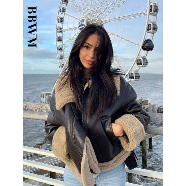 2022 Winter New Coat Women Double Sided Short Jacket Vintage Long Sleeve Fleece Warm Outerwear Female Fashion Streetwear