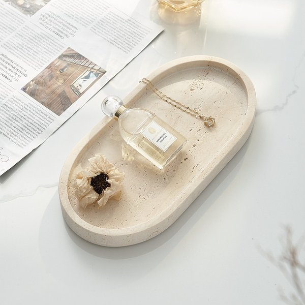 Medieval Natural Travertine Oval Tray High End Entrance Tabletop Home Decoration Storage Tray-image