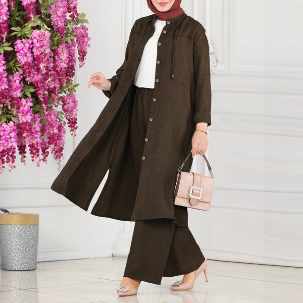 Elegant Muslim Daily Wear Set - Button Front Cardigan & Wide Leg Pants - Modest Loose Fit Outfit For Women-image