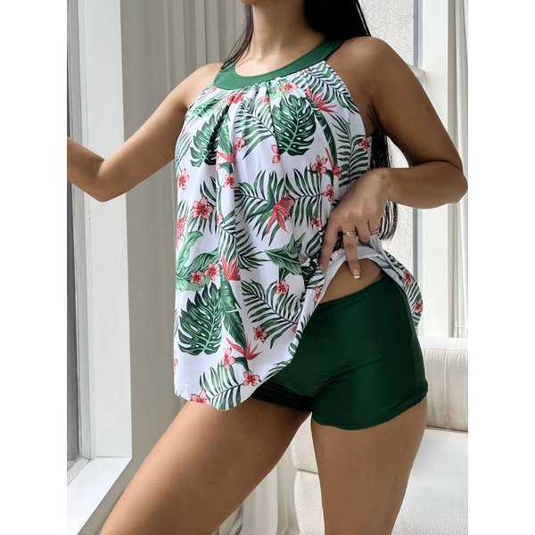 Europe And The United States Conservative Skirt Split Swimsuit Leaf Print Lady Fat Sister Tankini-image