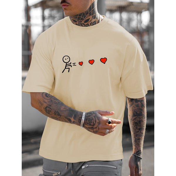 100% Pure Cotton Men's Spring And Autumn Fashion Short Sleeved Shooting Hearts Print Casual Slim Fit Versatile Top-image