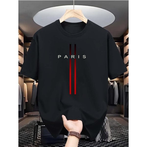 100% Pure Cotton Men's Summer Fashion Short Sleeved Paris Pattern Printed Casual Slim Fit Versatile T-shirt Top
