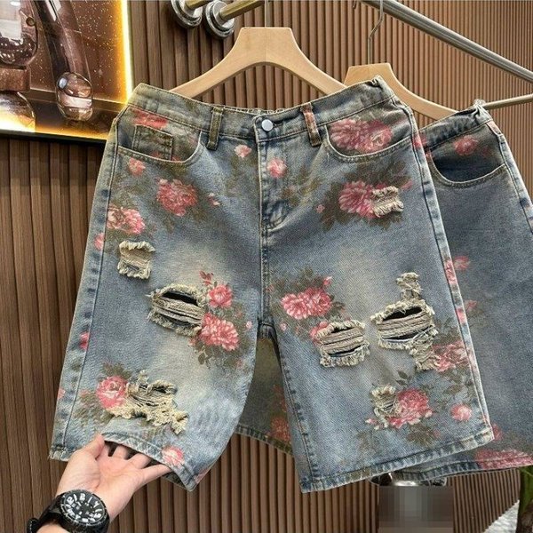 Men's American Retro Floral Print Ripped Denim Shorts Mid-Length Loose Straight Leg Five-Pocket Summer Trendy Cool Pants-image