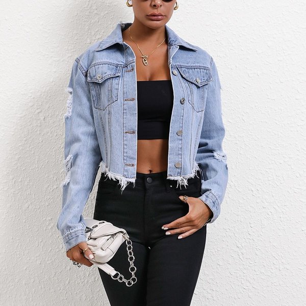 Women’s Clothing Casual loose ripped long sleeved short denim jacket