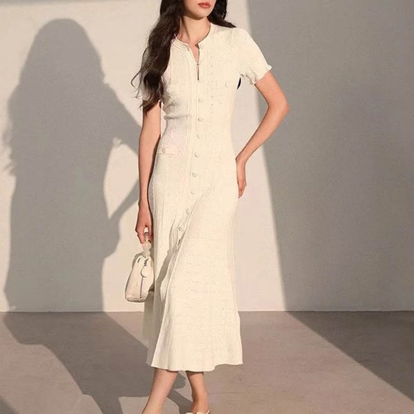 Elegant Women's Round Neck Short Sleeve Knit Dress Button Down Cutout Long Skirt Slim Fit For Beach Vacations-image
