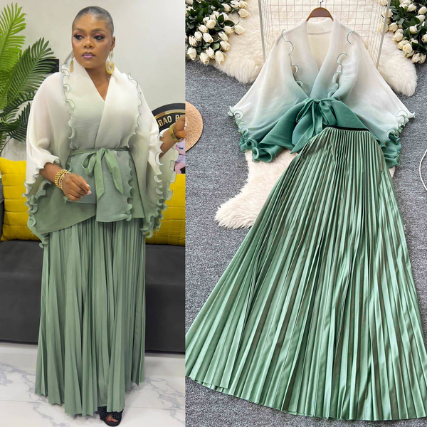 Women's Clothing Pleated Suit For Women With Waist Hugging Straps And Gradient Color Pleated Cardigan Tops, High Waist Pleated Skirt, Two Piece Suit