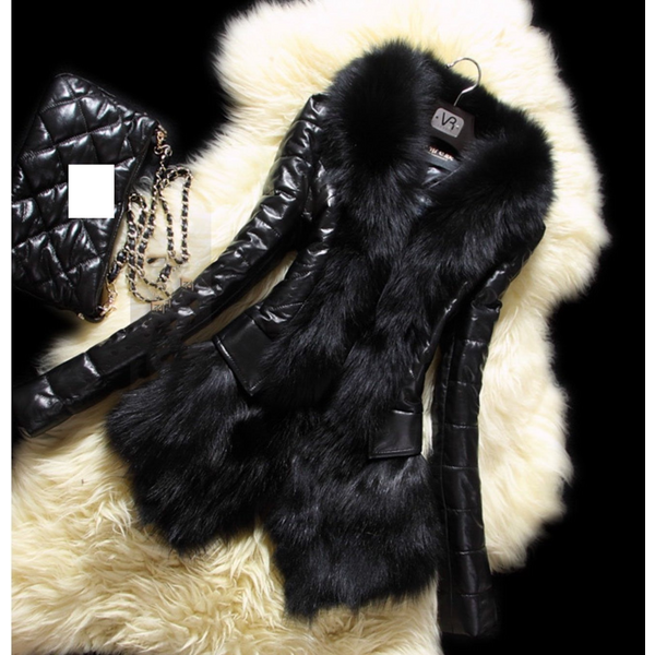 Women's Clothing hot style winter new slim fit fox fur collar fur pu leather slim jacket