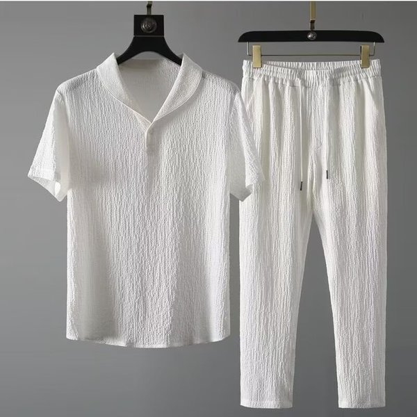 Men's Clothing 24 Summer Ultra-Thin Half Sleeve Ice Silk Linen Suit Men's Cotton And Linen Two-Piece Suit-image