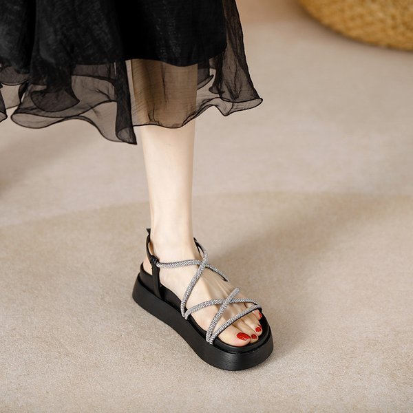 Super Hot Platform Thick-Soled Roman Sandals For Women Fairy Style Summer 2024 New Soft-Soled Rhinestones Versatile Fashion Small Size-image