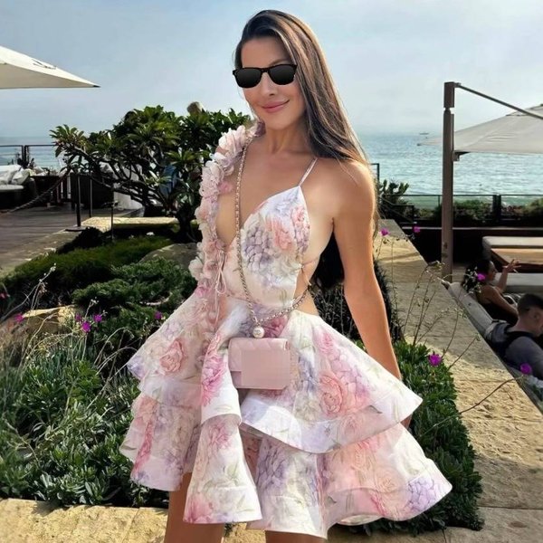 Women's Clothing Floral Print Halter Neck Backless Tie Dress - Summer Boho Streetwear Short Dress With 3D Floral Design