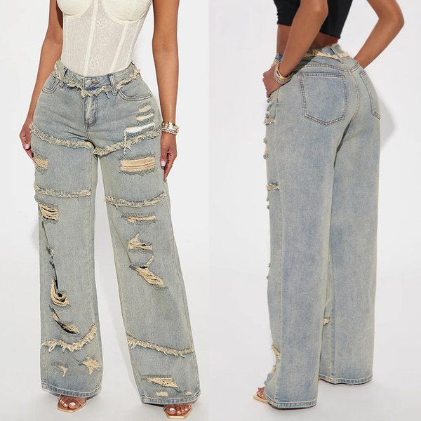 Women's Clothing Distressed Washed Wide-Leg Jeans For Women - High Waisted Vintage Denim Pants With Ripped Details (Khaki, S-XXL)