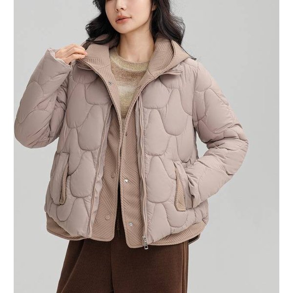 Women's Short Puffer Jacket With Hood - Stylish Two-Tone Layered Winter Coat, Loose Fit, Warm Fleece Lined, Casual Outerwear For Petite To Plus Size-image