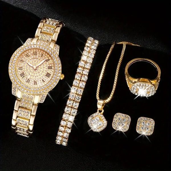 Elegant 5-Piece Women's Watch Set With Rhinestones - Fashion Roman Numerals Quartz Watch Collection For Ladies (Silver/Gold/Rose Gold)