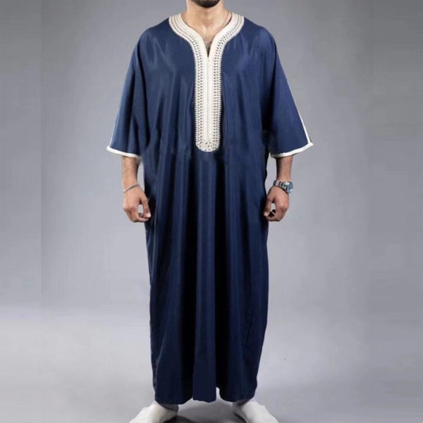 Men's Clothing Robe Medium Short Sleeve Embroidered Navy Blue Men's Muslim Robe-image