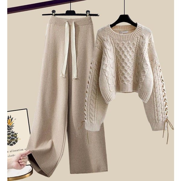 Women's Clothing Large Size Women's Autumn And Winter Suits For Women New Pullover Knitted Sweater For Women Loose Slim Wide Leg Pants Two Piece Suit-image