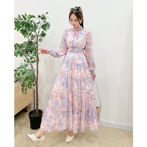 Elegant Floral Print Chiffon Maxi Dress With High Waist & Puff Sleeves – Vintage French Style A-Line Dress For Women